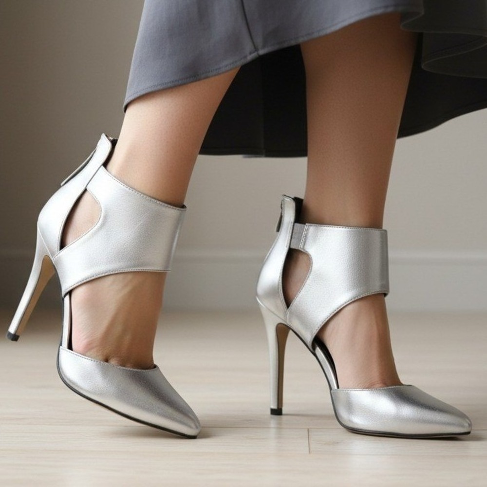 Rock Republic Silver Metallic‎ Ankle Cuff Stiletto Heels Pointed Toe Womens 7